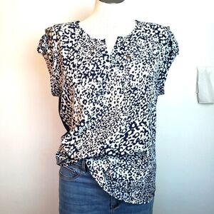 Per Seption Concept Blue Leopard Cap Sleeve V Neck Women's Top Size S